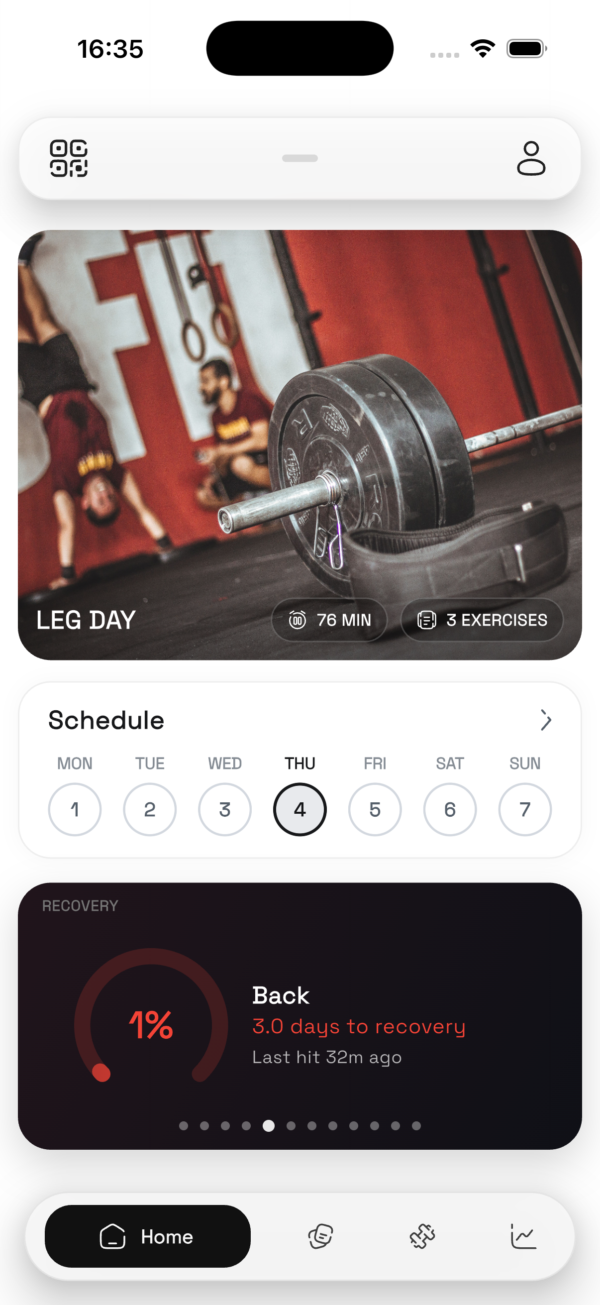 Log home screen showing workouts, consistency and recovery at a glance